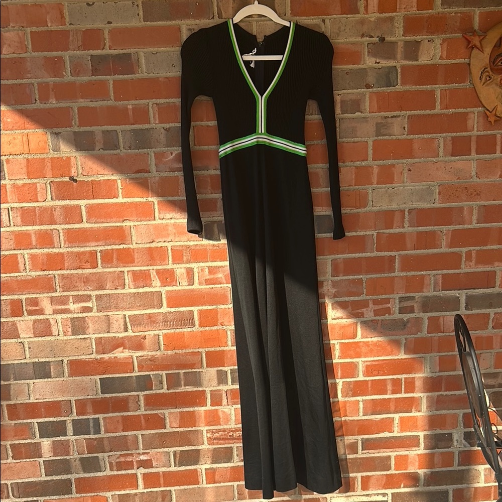 Elegant Vintage 1970s Black and Green knit Maxi Dress
